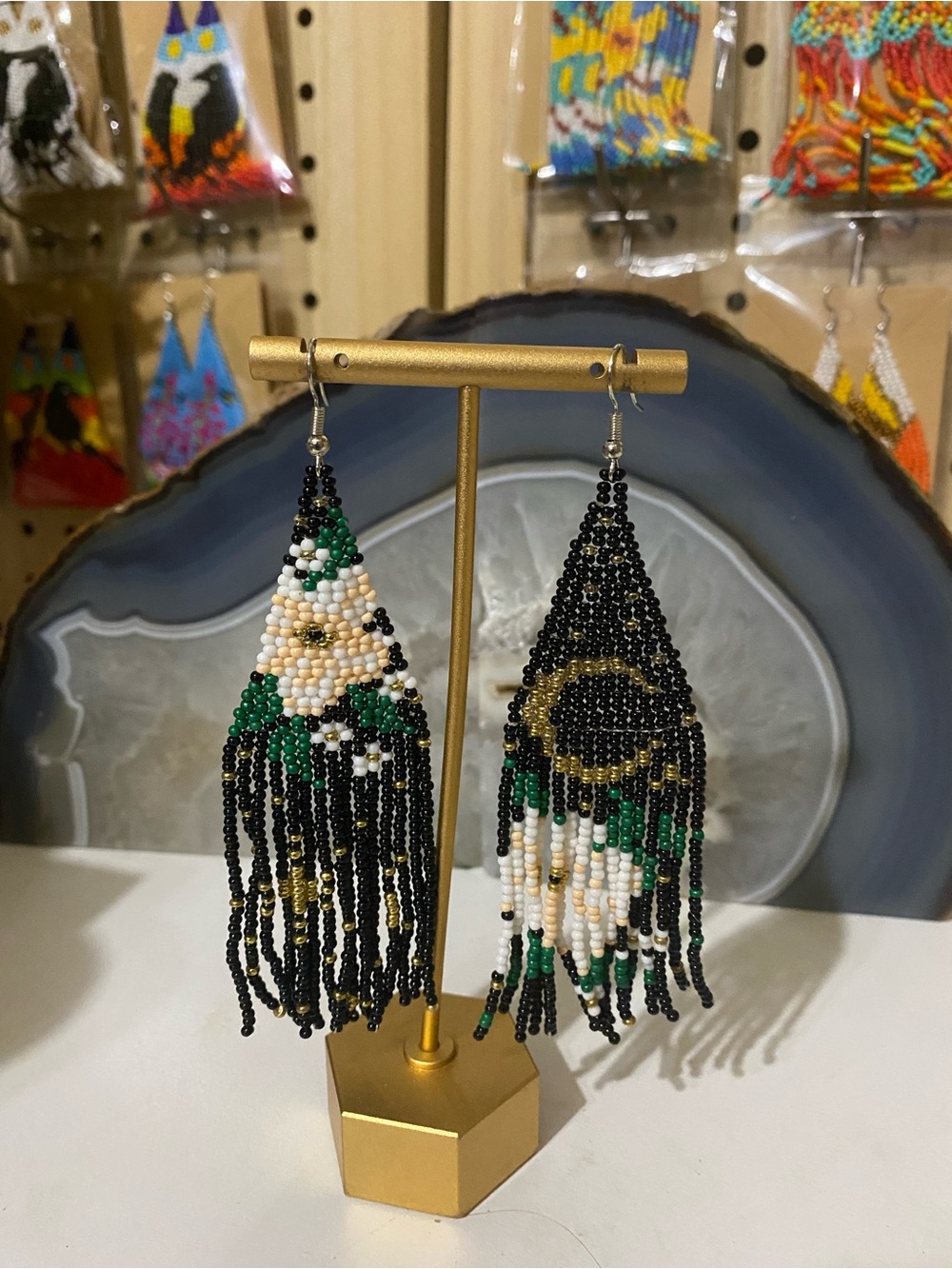 Handmade Beaded Fringe Earrings – Black, White & Green